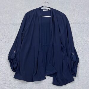 Susan Graver Liquid Knit Open Cardigan Womens Large Blue Roll Tab Sleeve Buttons